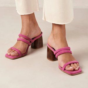 NWT Alohas Pink Suede Leather Thin Strap Mules with Tortoise Block Heel